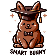 A chocolate bunny wearing a graduation cap and bow tie, celebrating academic achievement and education, transparent background.