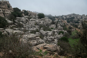 Picturesque view of a famous natural park El Torcal de Antequera near Málaga, Andalusia, Spain. Rocks in interesting shapes. Impressive karst landscapes.