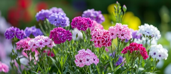 Sweet William flowers in pink, purple, and white hues, growing vertically on a Dianthus Barbatus bed.
