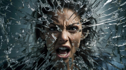 Depressed angry young woman stands behind broken glass. Sad woman screams. Concept of angry, depression, broken heart, grief, abuse, heartache, heartbreak, chaos and destruction.