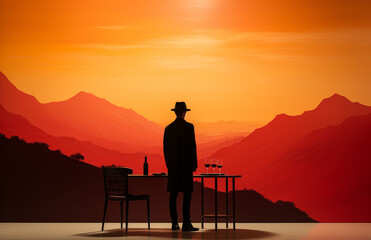 A lone person stands by a table with wine glasses, gazing at a captivating sunset over layered mountain silhouettes.
