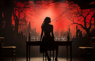Obraz premium A woman's silhouette against a surreal backdrop, with wine glasses lined on a table, invoking a sense of mystery and anticipation. 