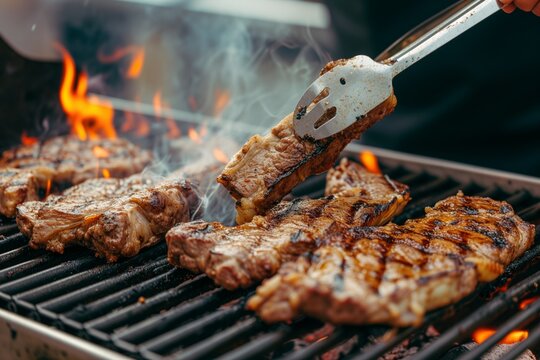 Juicy Steaks Sizzling on an Open Flame Grill, Perfect Imagery for BBQ Enthusiasts and Culinary Websites