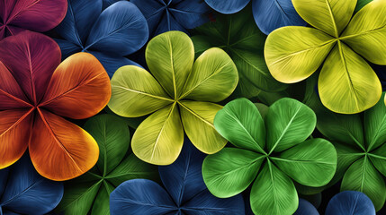 Group of Four-Leafed Clovers with Different Colors