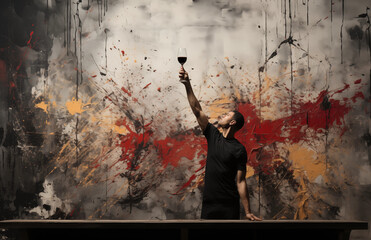 A man in a black shirt toasts with a glass of wine in front of an expressive abstract painting.
