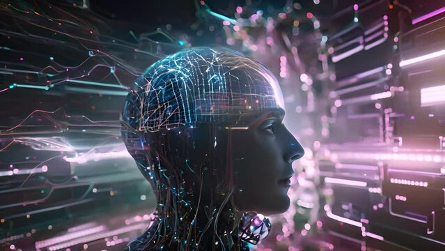 An artificial intelligence in human form tilts its head amidst the flow of digital data, with paths of light traversing through the head.
