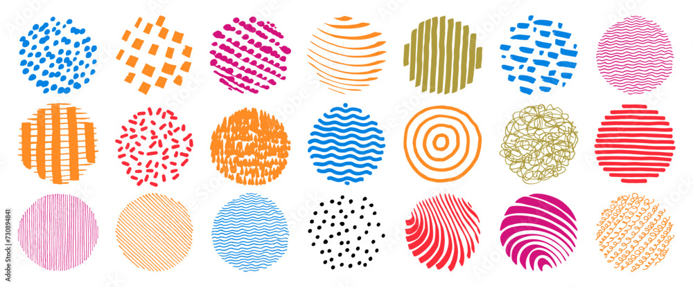 Poster hand drawn vector pattern icon set. abstract line patterns. modern round icons. textured highlight c