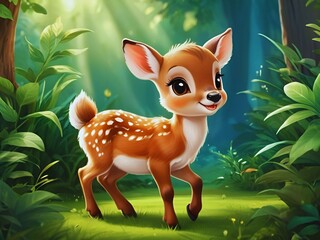 Closeup of Smiling Baby Deer in Flowered Jungle, Cute baby deer in the fairyland forest full of  flora and grass,  Nursery Decorations, Cute beautiful baby animals for kids room decorations