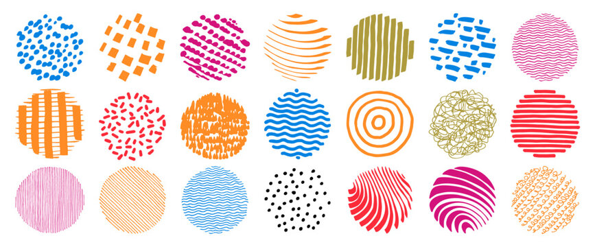 Hand drawn vector pattern icon set. Abstract line patterns. Modern round icons. Textured highlight collection. Contemporary scribbles, concentric circles, kids lines, strips, stripes, waves and curves