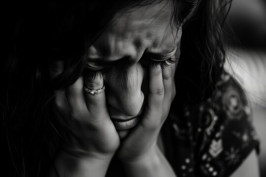Black and White Image of a Woman in Distress, Hands Covering Face, Emphasizing Emotional Struggle or Grief