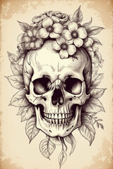 Human skull with flowers. Hand drawn vintage, sketch vintage illustration