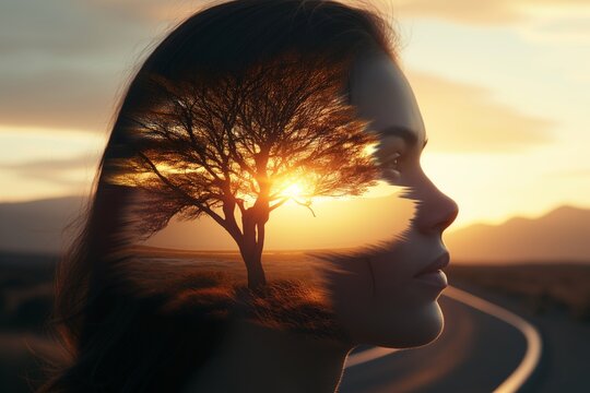 Composite Image of a Woman's Profile and a Sunset Road: Artistic Representation of Inner Journey and Personal Growth