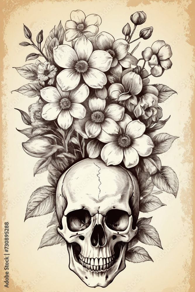 Wall mural Human skull with flowers. Hand drawn vintage, sketch vintage illustration