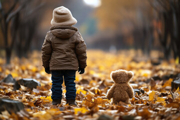 Boy in warm jacket standing in autumn - obrazy, fototapety, plakaty