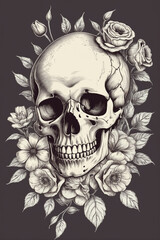 Human skull with flowers. Hand drawn vintage, sketch vintage illustration