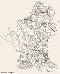 Fototapeta premium Detailed hand-drawn navigational urban street roads map of the United Kingdom city township of WATFORD, ENGLAND with vivid road lines and name tag on solid background