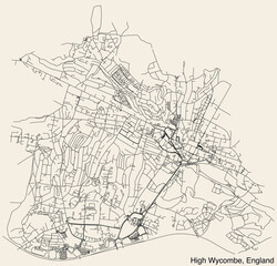 Detailed hand-drawn navigational urban street roads map of the United Kingdom city township of HIGH WYCOMBE, ENGLAND with vivid road lines and name tag on solid background
