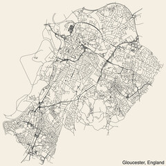 Detailed hand-drawn navigational urban street roads map of the United Kingdom city township of GLOUCESTER, ENGLAND with vivid road lines and name tag on solid background