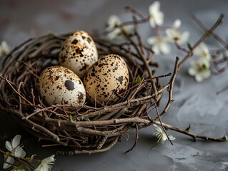 Obraz premium Quail eggs in a small nest of twigs, Easter decoration