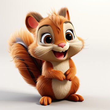 Stylized 3d illustration of a friendly squirrel cartoon character isolate on a white background. 3D art of a red squirrel. Cute squirrel print for clothing, stationery, books, children's products.