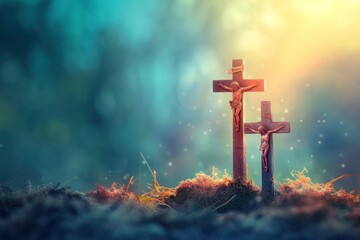 Two crucifixes at dawn with 'He is Risen' message, symbolizing the Easter resurrection - obrazy, fototapety, plakaty