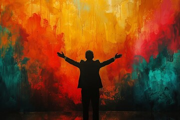 From a rear perspective, a man stands in deep worship, his arms wide open, embracing a soft, pastel watercolor sky as a backdrop.