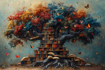 Fall's Bookish Bonanza: A Tree of Books and Butterflies Generative AI - obrazy, fototapety, plakaty