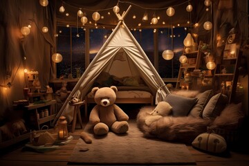Enchanting kindergarten room during the night, adorned with toys, a friendly teddy bear, and a...