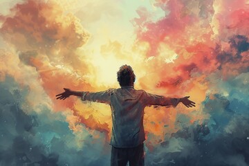 From a rear perspective, a man stands in deep worship, his arms wide open, embracing a soft, pastel watercolor sky as a backdrop. - obrazy, fototapety, plakaty
