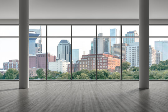 Downtown Nashville City Skyline Buildings from High Rise Window. Beautiful Expensive Real Estate overlooking. Epmty room Interior Skyscrapers View Cityscape. Day time Tennessee. 3d rendering.