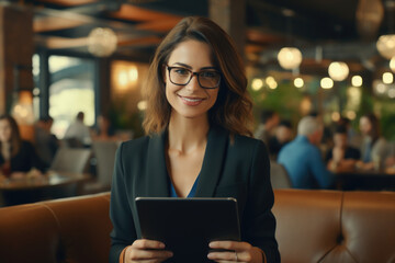 Fototapeta na wymiar Woman Holding Tablet Computer in Restaurant