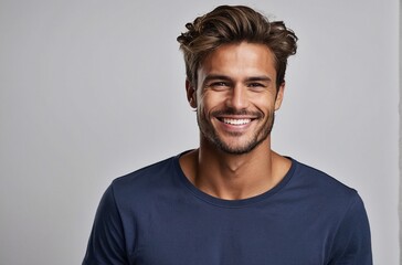 Fototapeta premium Portrait of a man cheerful smiling looking at camera. Studio photo isolated on white background.