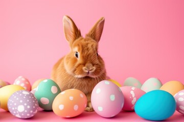 A red bunny surrounded by pastel-colored polka dot Easter eggs.