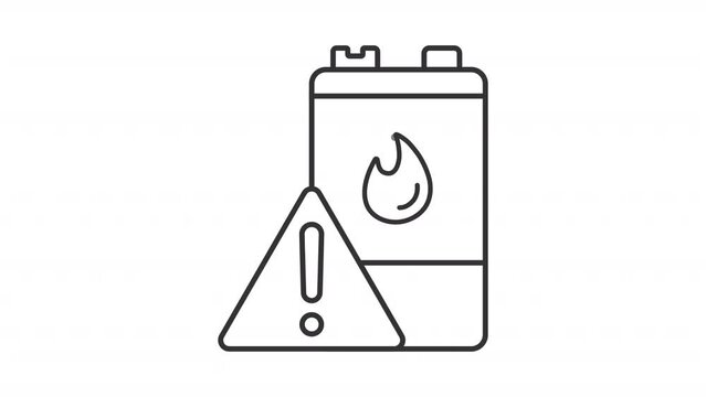 Animated battery flammability icon. Explosion risk sign line animation. Product safety regulation. Black illustration on white background. HD video with alpha channel. Motion graphic