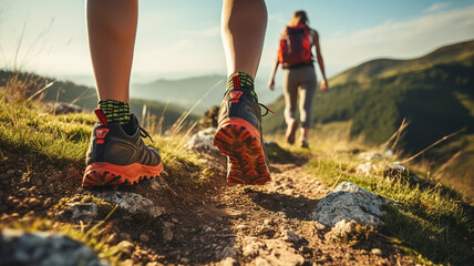 close-up of the legs of men and women in sports shoes for sports and travel walking along a forest...