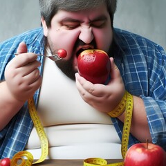 hombre con sobrepeso, haciendo dieta comiéndose una manzana

