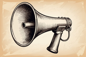 Retro megaphone. Screaming bullhorn advertising, announcement, propaganda. Hand drawn vintage, sketch vintage illustration