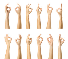 Ok Sign. Multiple images set of female caucasian hand with french manicure showing Ok gesture