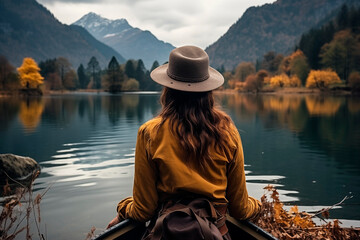 Girl in a canoe on a lake with an autumn background