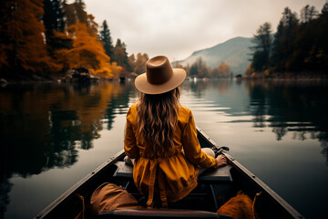 Girl in a canoe on a lake with an autumn background - obrazy, fototapety, plakaty
