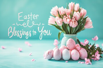 A vibrant Easter message "Easter Blessings to You" with a vase of pink tulips and a cluster of speckled eggs against a soothing turquoise background, conveying warmth and festive cheer