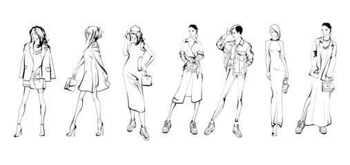 Set of young beautiful women in stylish clothes. Fashion sketch. - 730897611