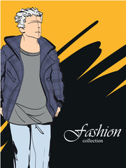 Fashion man set. Sketch of a fashion man in a jacket on a white background. Autumn man. Street style - 730897613