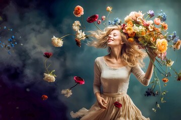 beautiful girl in a dress with levitating flowers
