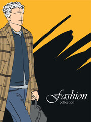 Fashion man set. Sketch of a fashion man in a jacket on a white background. Autumn man. Street style - 730897811