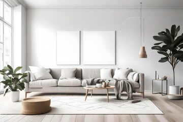 Delight in the simplicity of a minimalist living room, showcasing clean lines, Scandinavian design elements, an empty wall mockup, and a white blank frame for personalization.