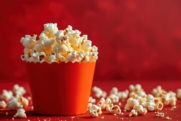 Striped box with popcorn on red background. With copy space