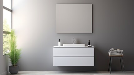 minimalist bathroom with square mirror on grey wall, white cabinet, chrome faucet, and side view.