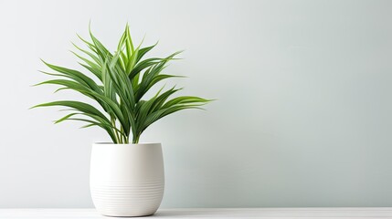 Bohemian style tropical plant in white ceramic pot on a plain background.