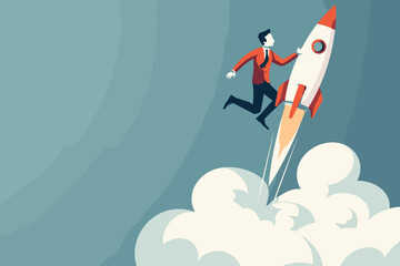 Entrepreneurship and Startup Launch Concept, Businessman Propelling Rocket, Symbolizing Business Growth, Innovation, and Success.